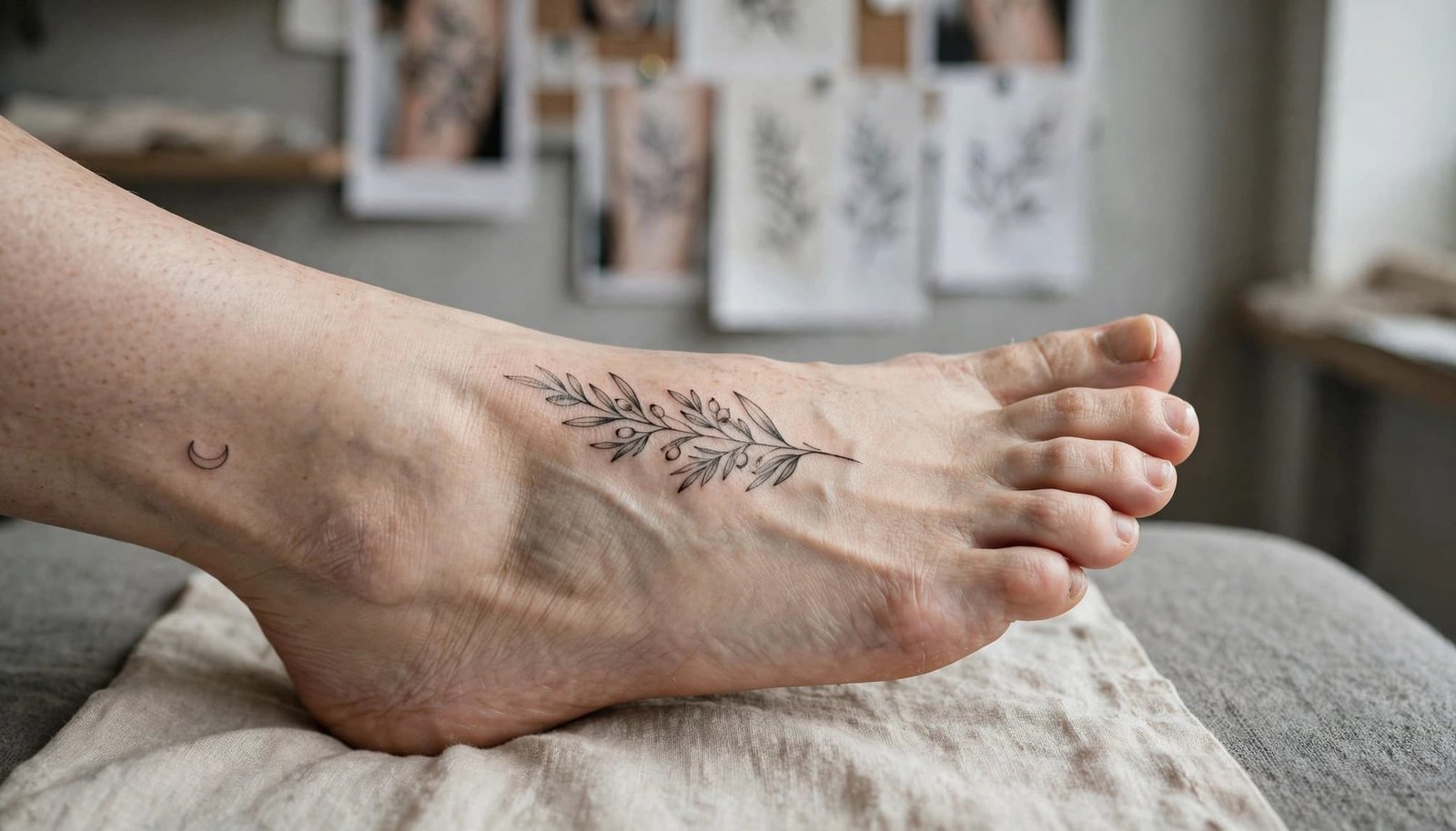 Woman's foot showing a healed botanical tattoo and small ankle symbol in a tattoo studio.