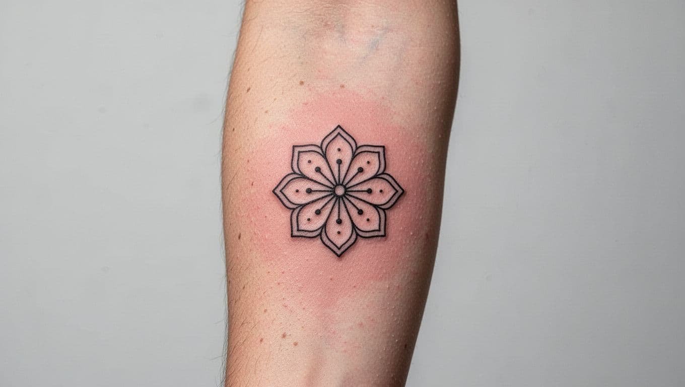Healed geometric floral tattoo with open spacing on an adult forearm.
