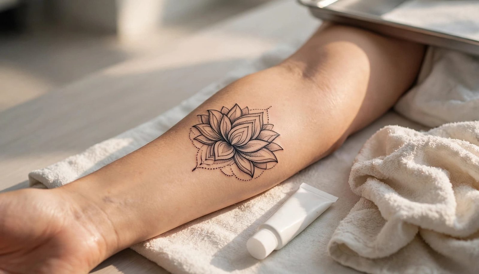 A healed lotus tattoo on a forearm beside moisturizer and a folded towel.