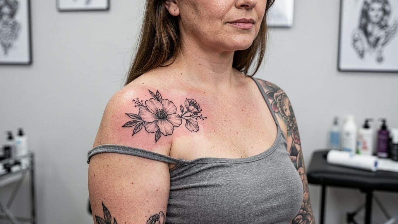 Woman showing a healed floral tattoo on her shoulder in a clean studio.