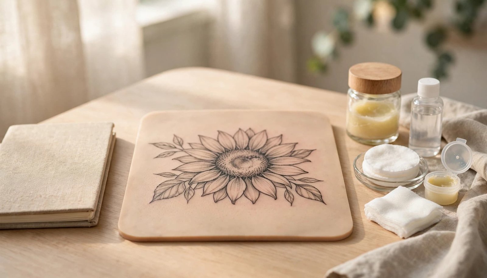 A healed sunflower tattoo with a sketchbook and aftercare items on a clean studio table.
