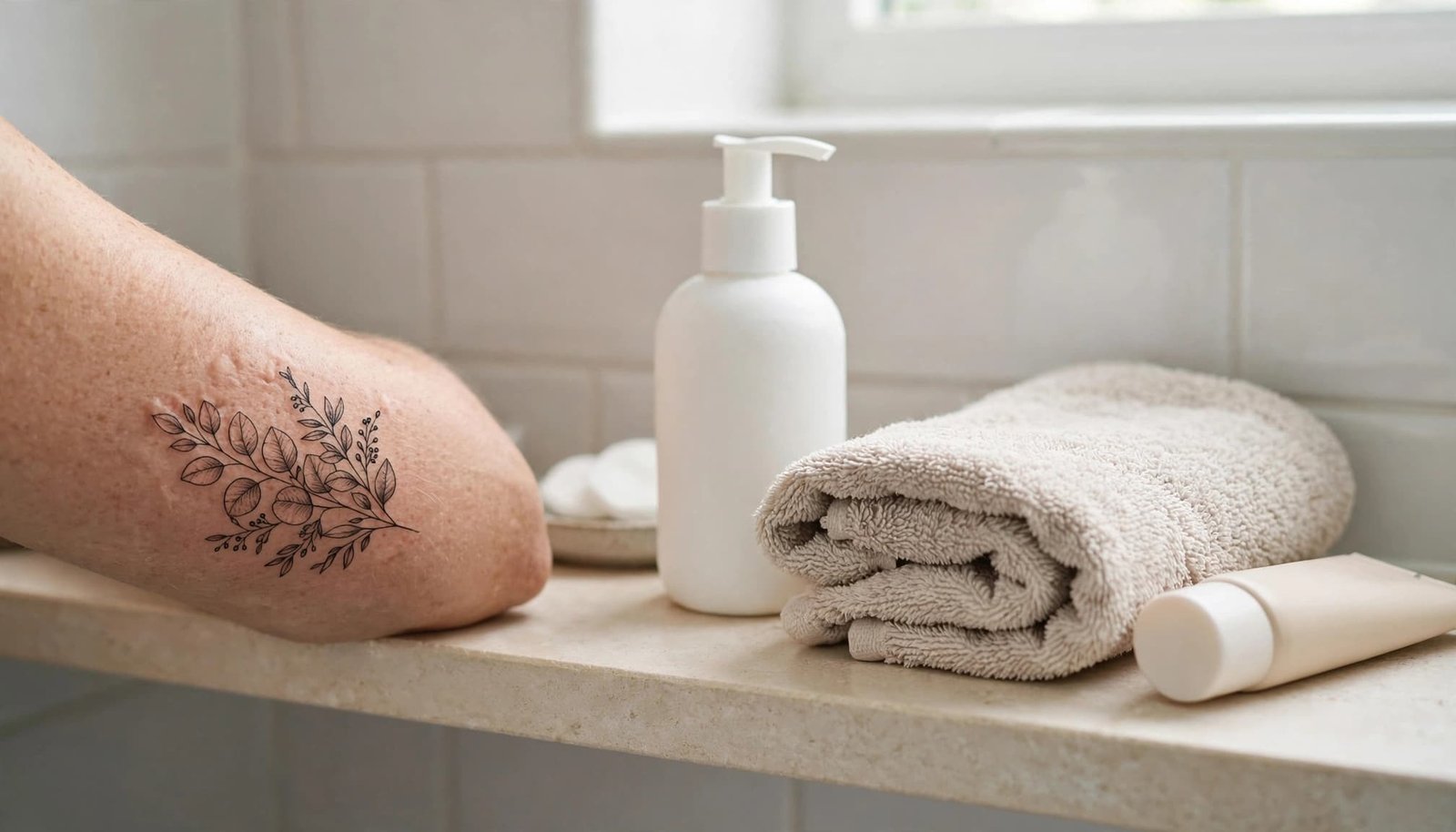 Healed tattooed forearm beside cleanser, towel, and sunscreen on a bathroom shelf.