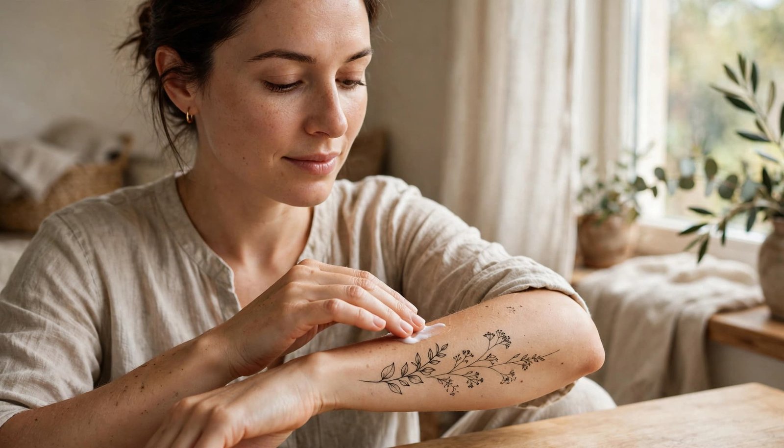 Woman moisturizing a healed botanical tattoo beside a bright window.