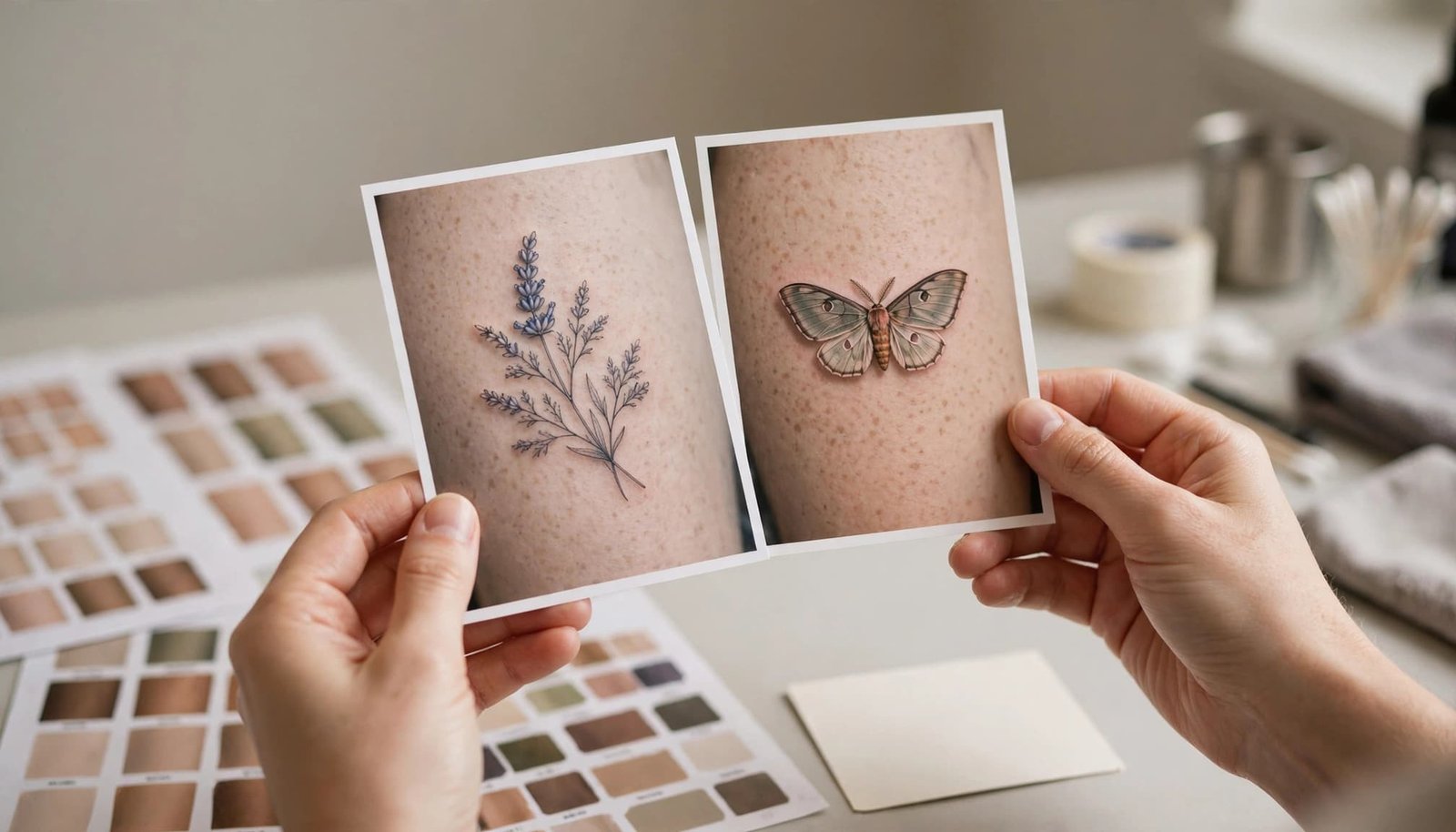 Hands hold two photos of healed tattoos on a clean studio desk.