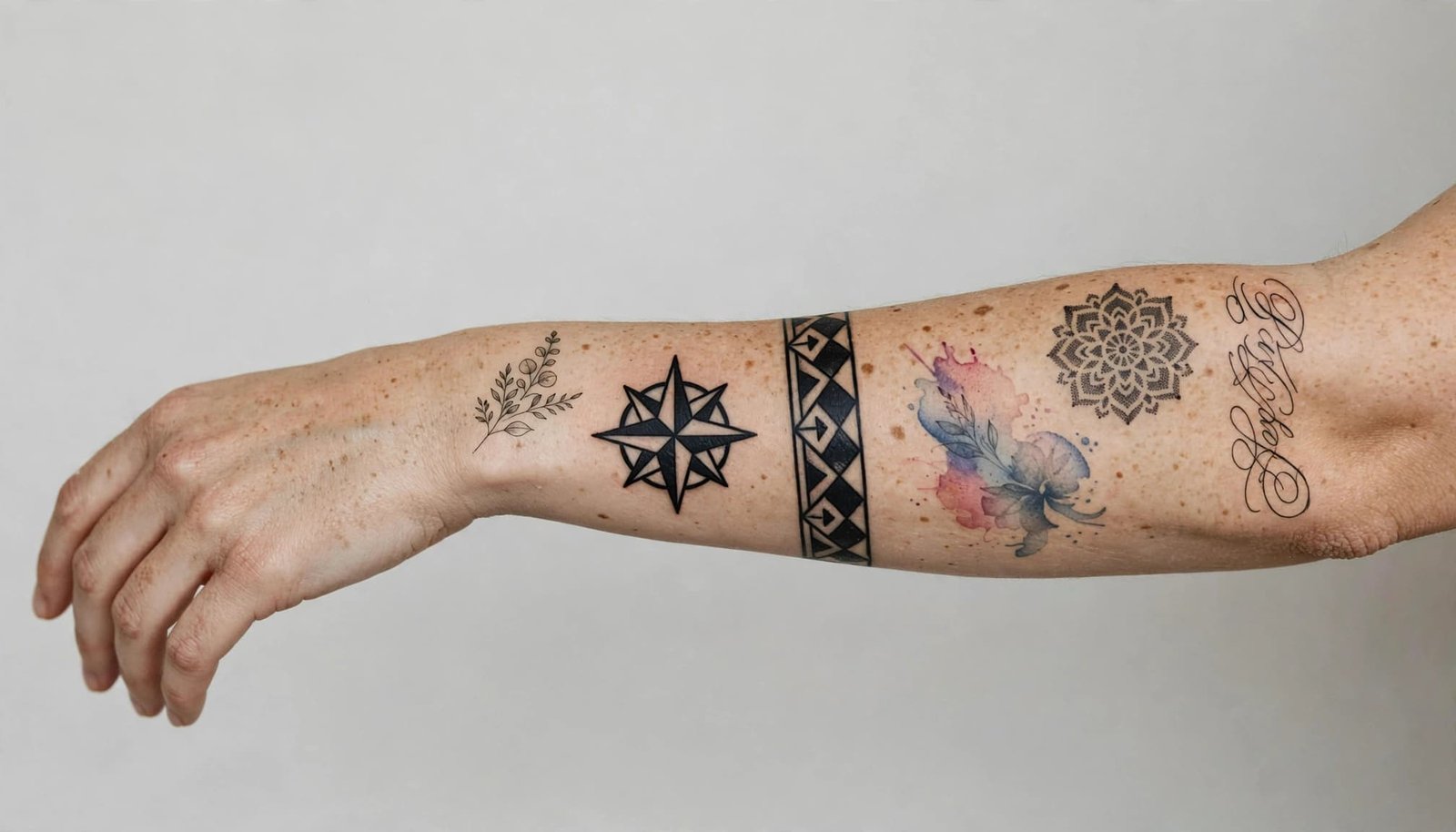 One forearm showing several healed tattoo styles in a neutral studio setting.