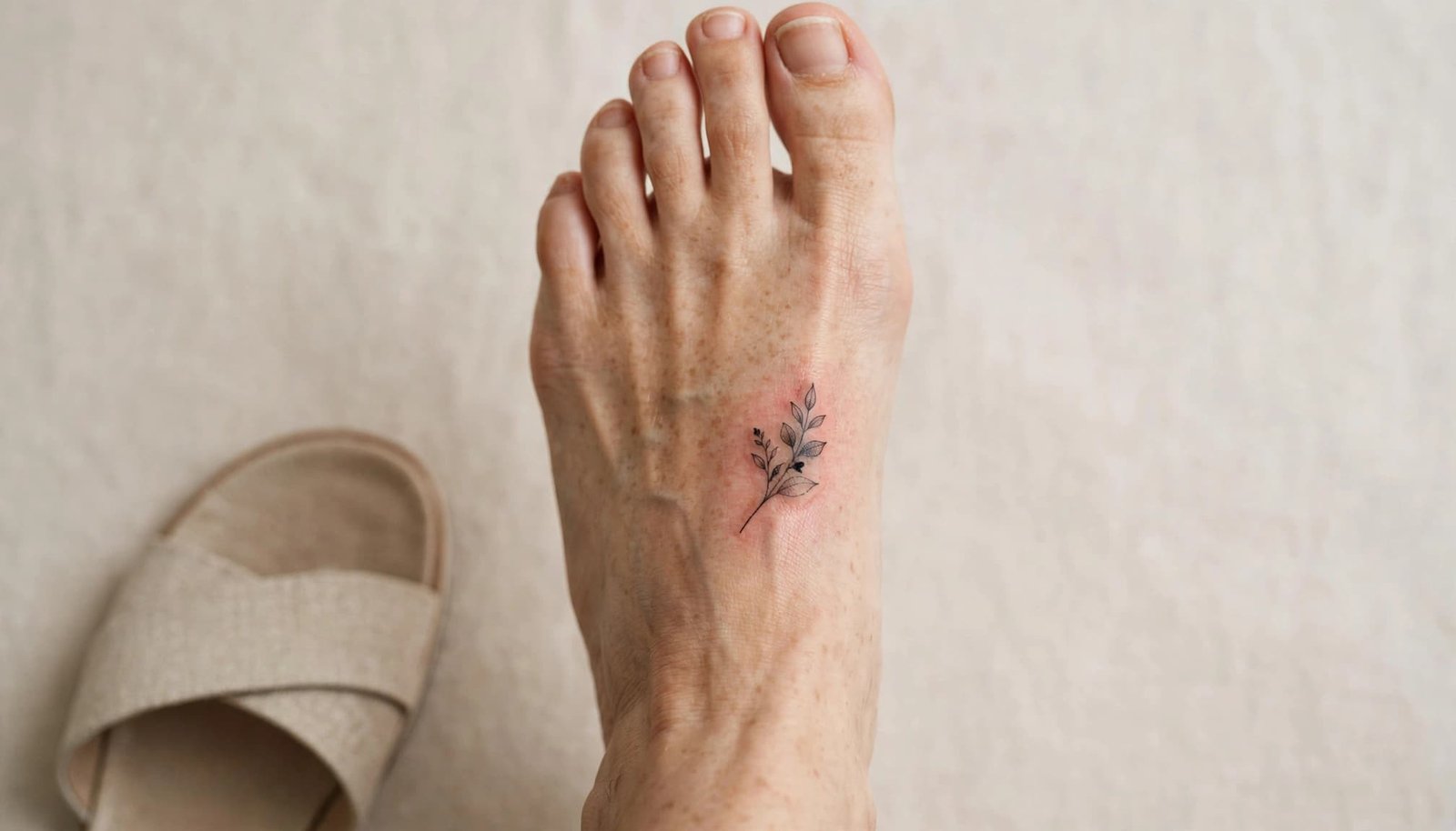 Adult woman's foot with a healing botanical tattoo and nearby open footwear.