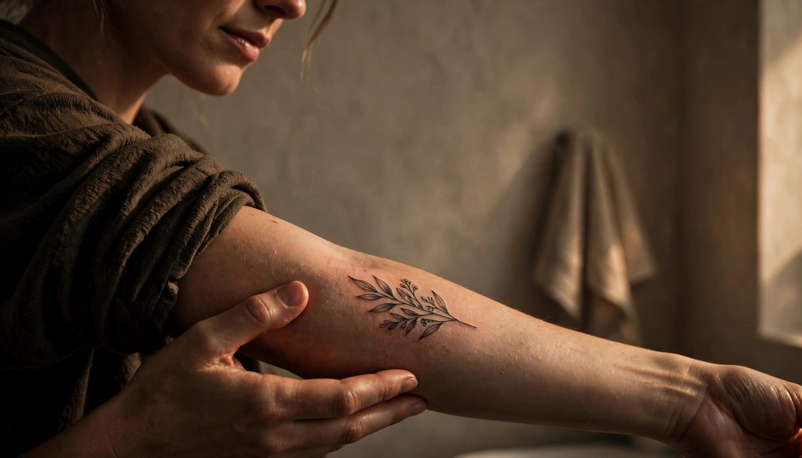 An adult checks a forearm tattoo in a softly lit room.