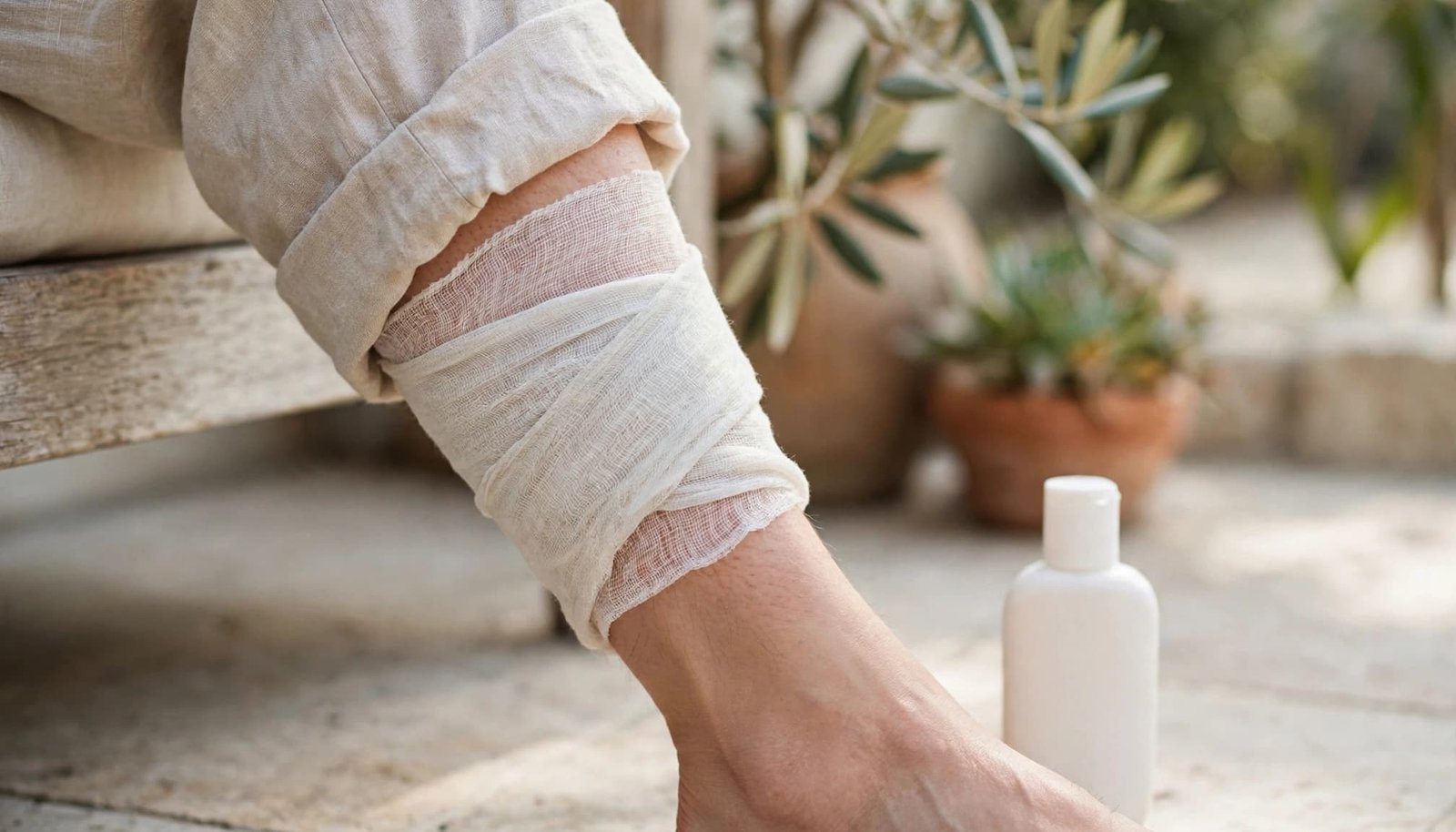 A linen-covered lower leg and sunscreen bottle sit on a sunny patio.