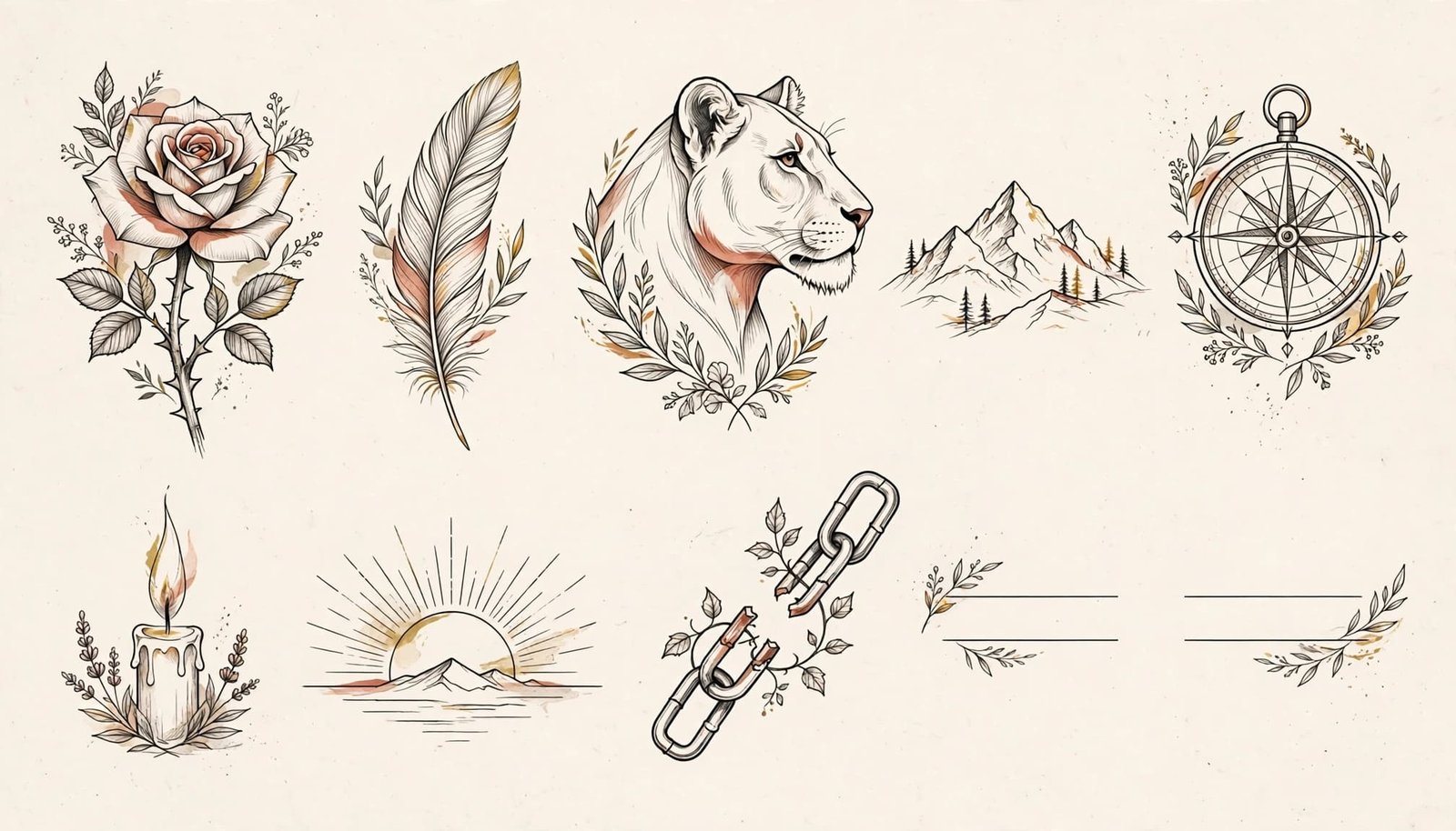 Ten symbolic tattoo designs arranged on warm paper with fine black lines and muted colored accents.