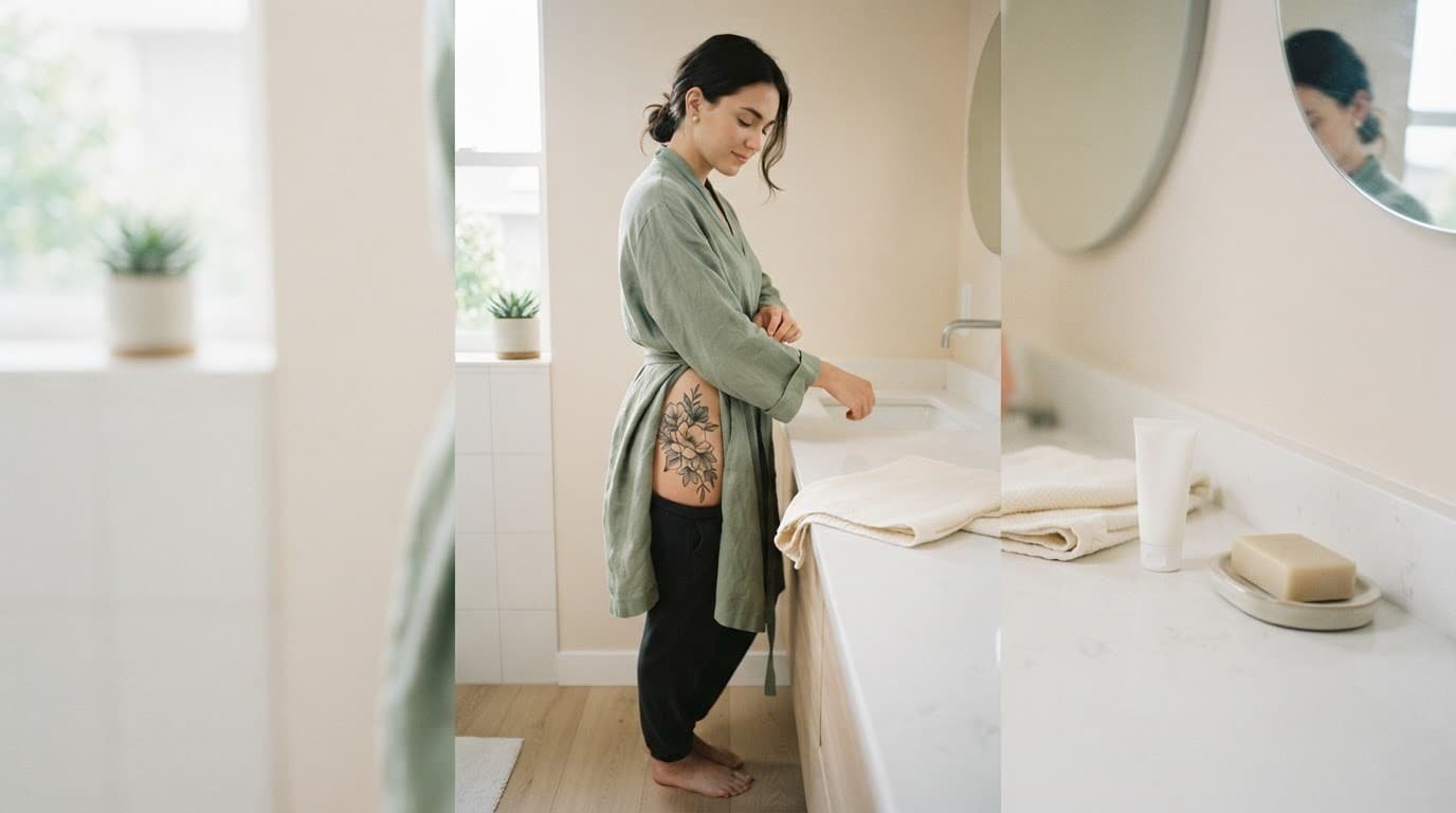 A person shows a healed hip tattoo beside soap, moisturizer, and a folded towel.
