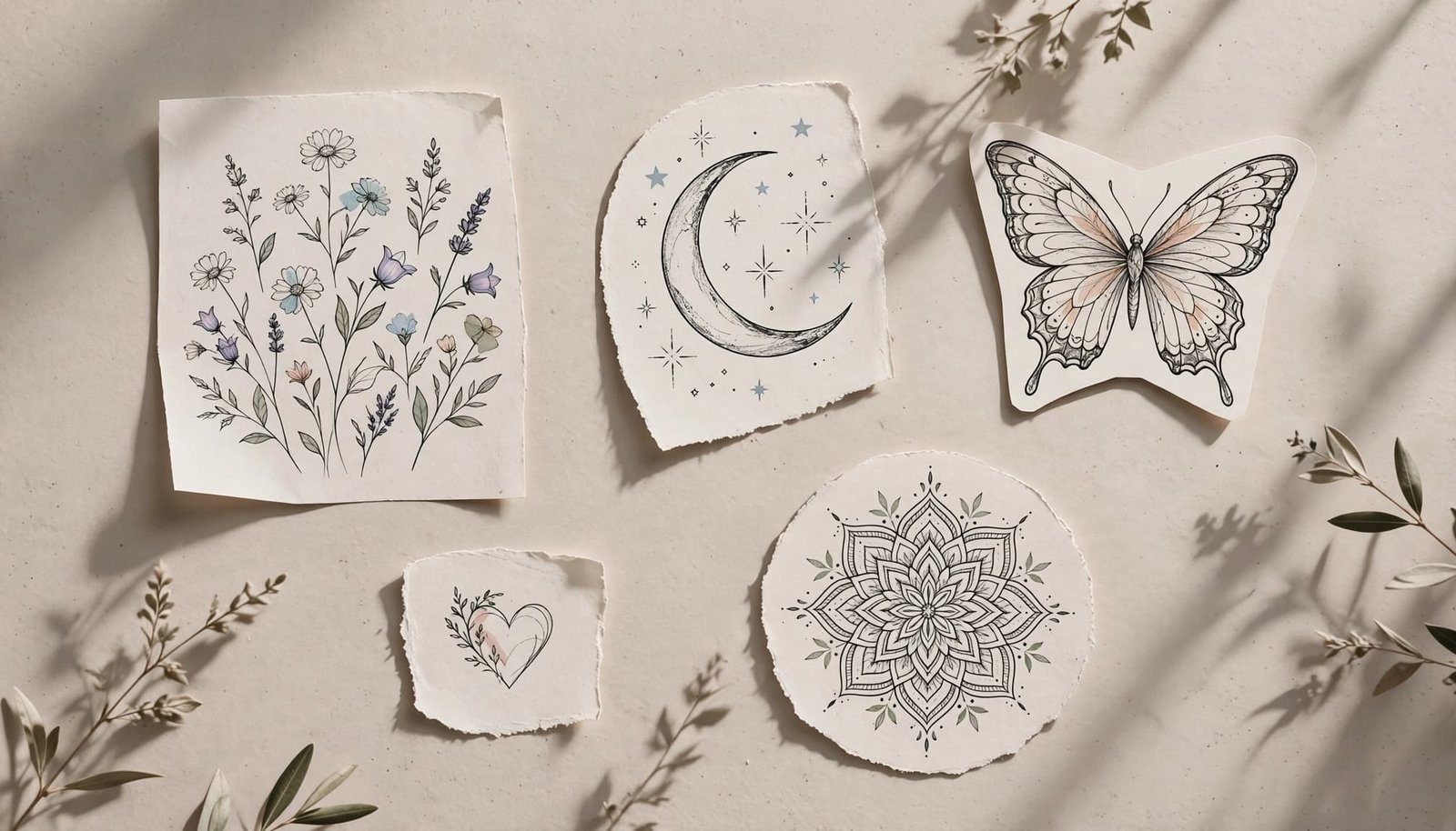 Five fine-line tattoo designs show flowers, a moon, butterfly, heart, and mandala on paper forms.