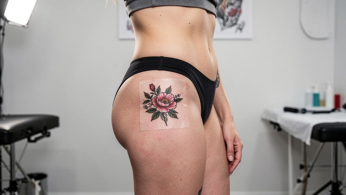 Side view of a woman showing a small floral tattoo stencil on her hip.