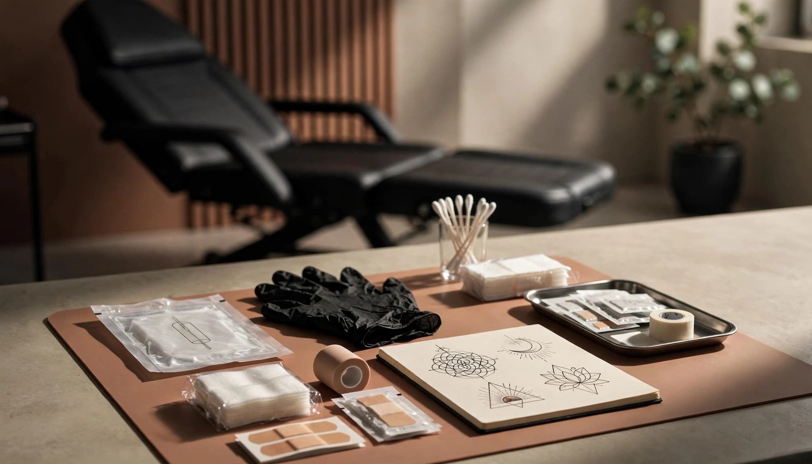 Sterile tattoo supplies and a sketchbook sit before a softly blurred tattoo chair.