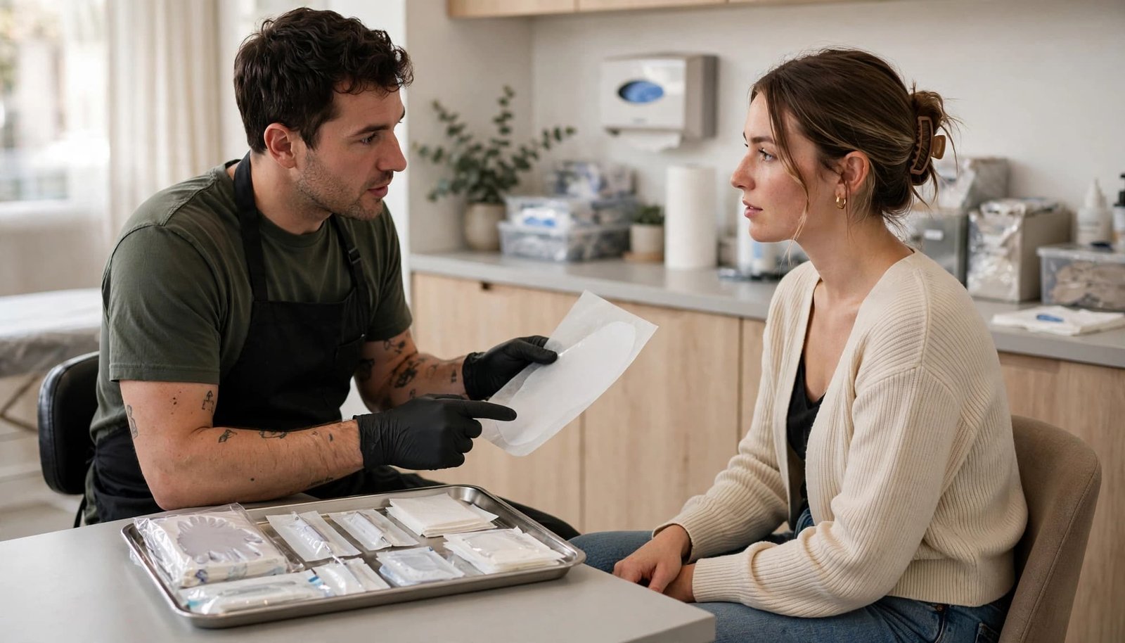 An artist consults with a seated woman about stomach tattoo placement in a clean studio.