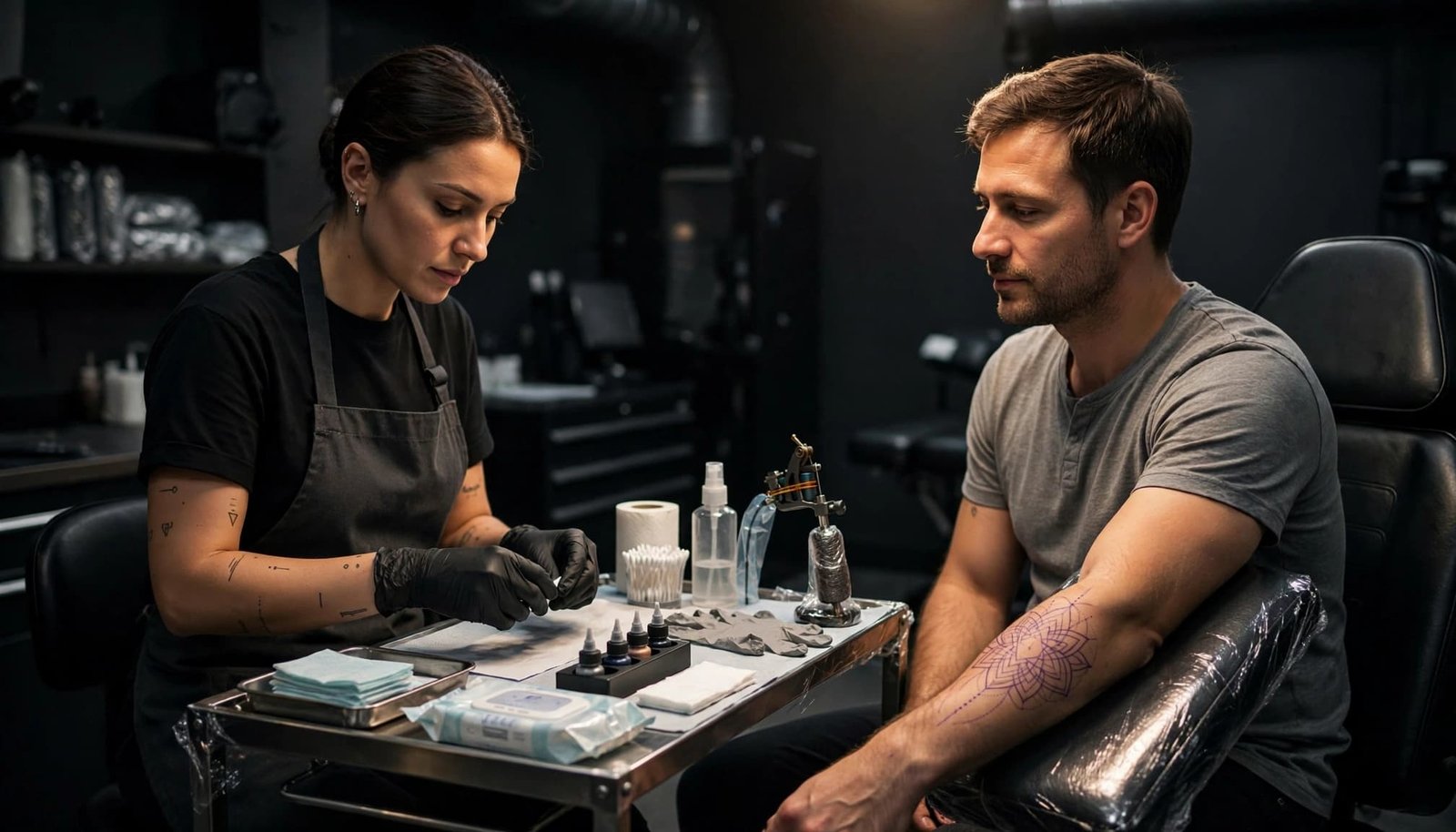 Tattoo artist preparing a clean workstation beside a seated client with a fresh stencil.