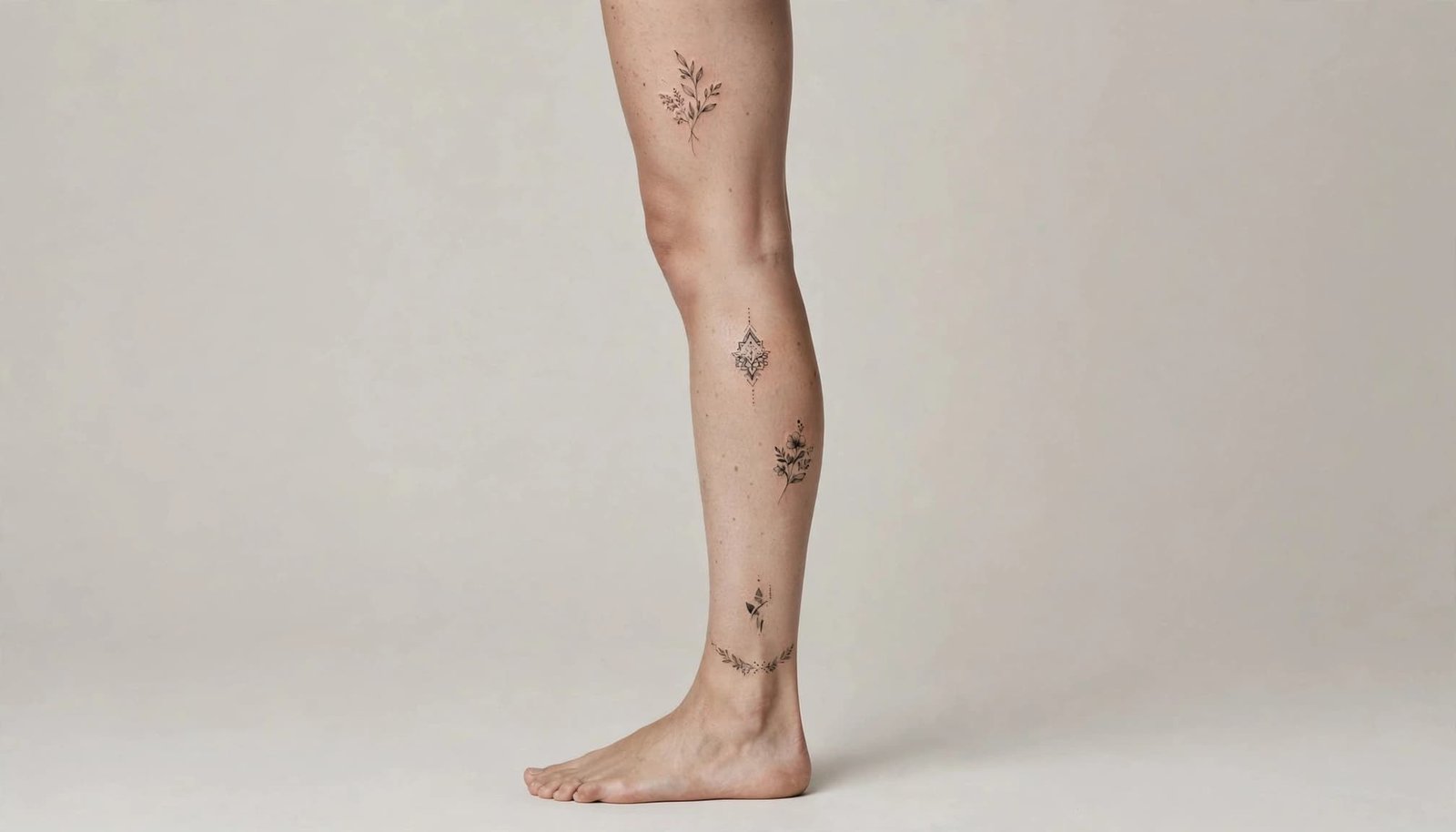 One leg showing small botanical, geometric, and floral tattoos in several placement areas.