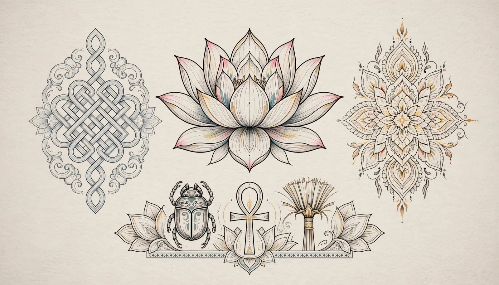 Centered lotus tattoo artwork with three distinct ornamental motif zones.