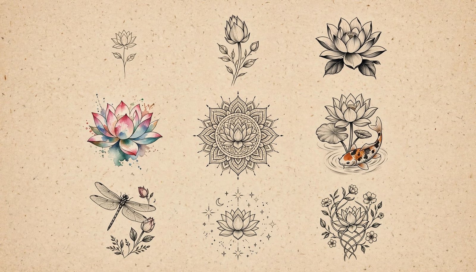 Lotus tattoo designs arranged on warm neutral paper.