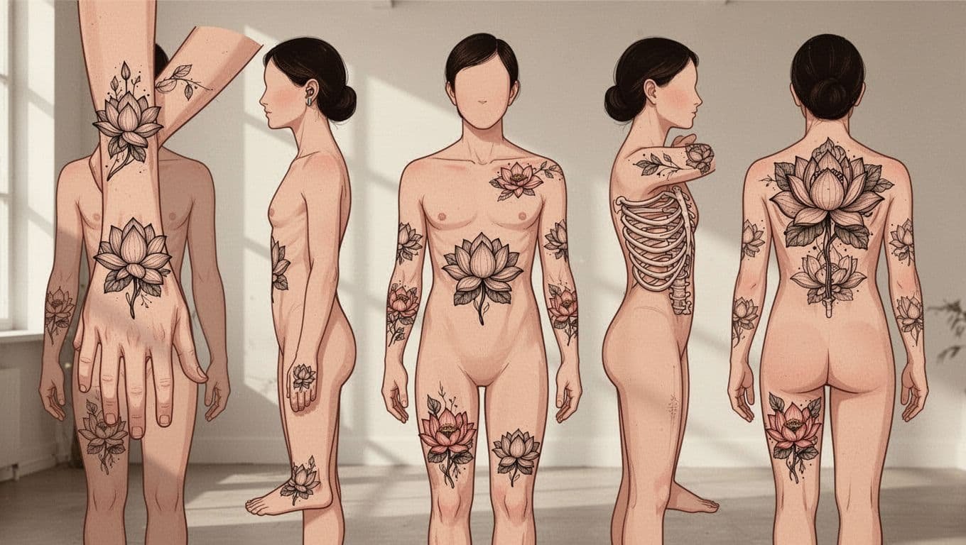 Faceless body silhouette showing lotus tattoos in varied placement areas.