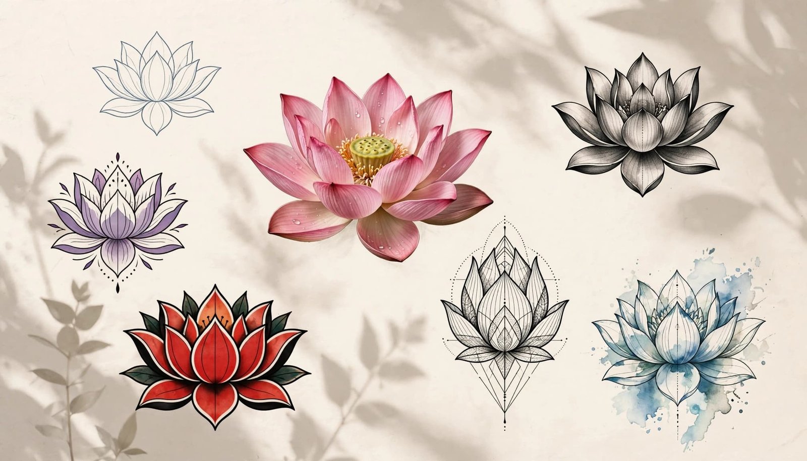Seven different lotus tattoo designs arranged on a warm off-white background.