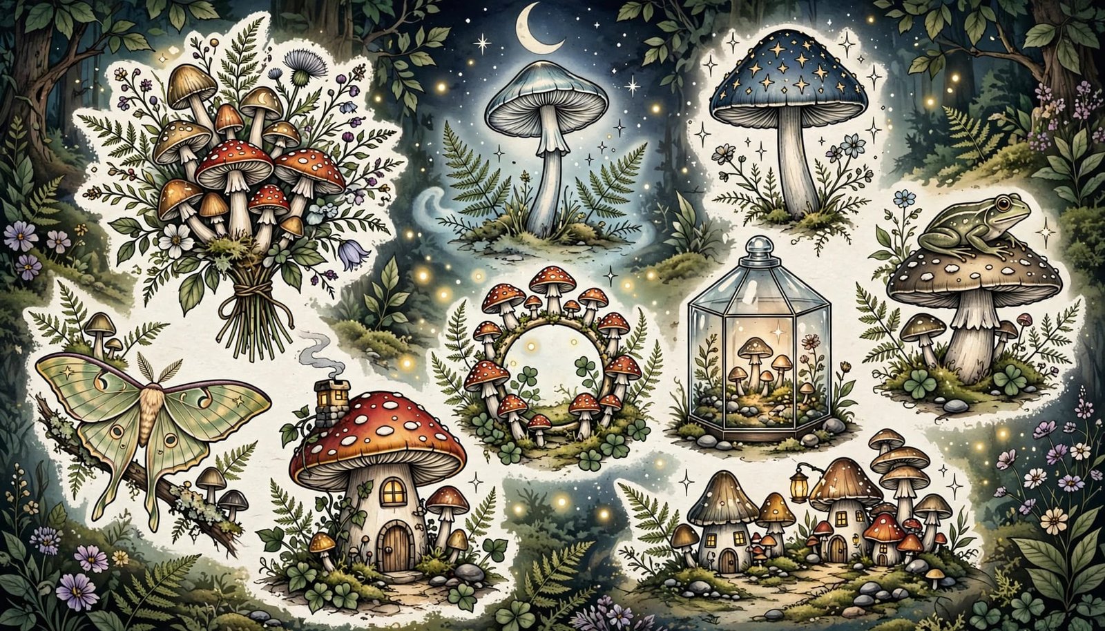 Nine whimsical mushroom tattoo designs appear among moss, ferns, flowers, and fireflies.