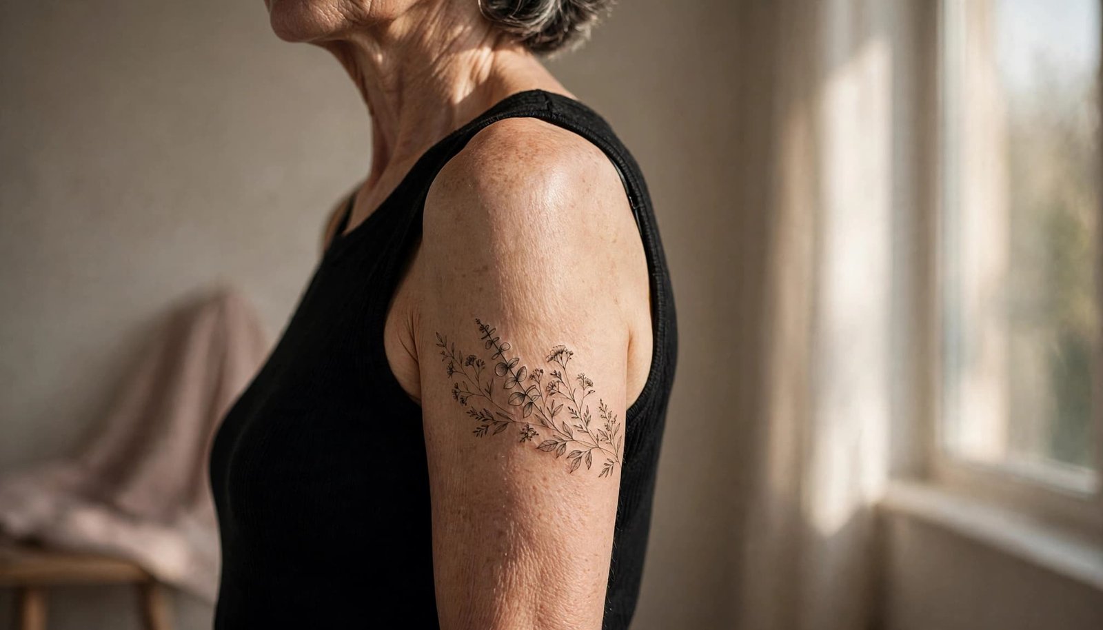 A mature woman's upper arm with a botanical tattoo near a softly lit window.