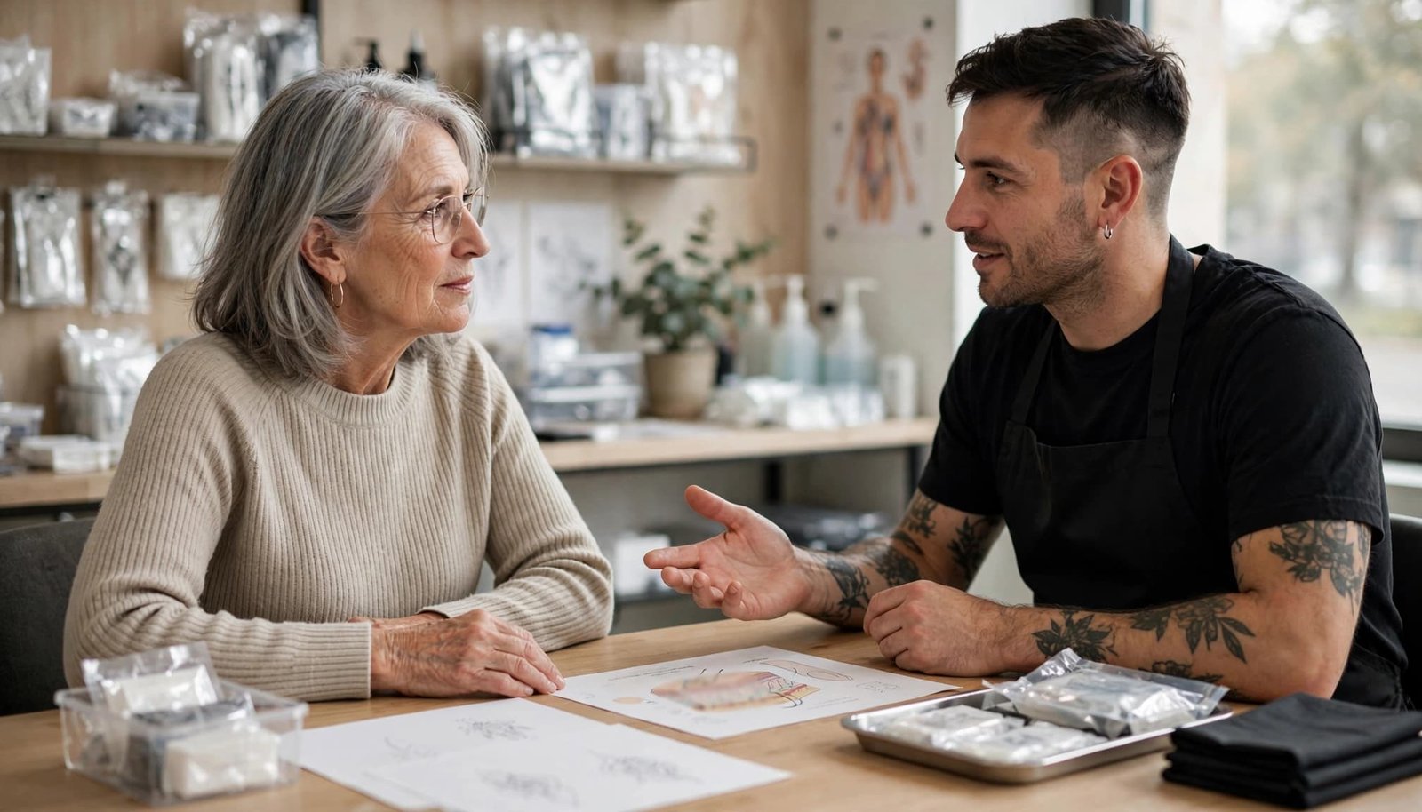 A mature woman discusses tattoo safety with an artist across a clean consultation table.