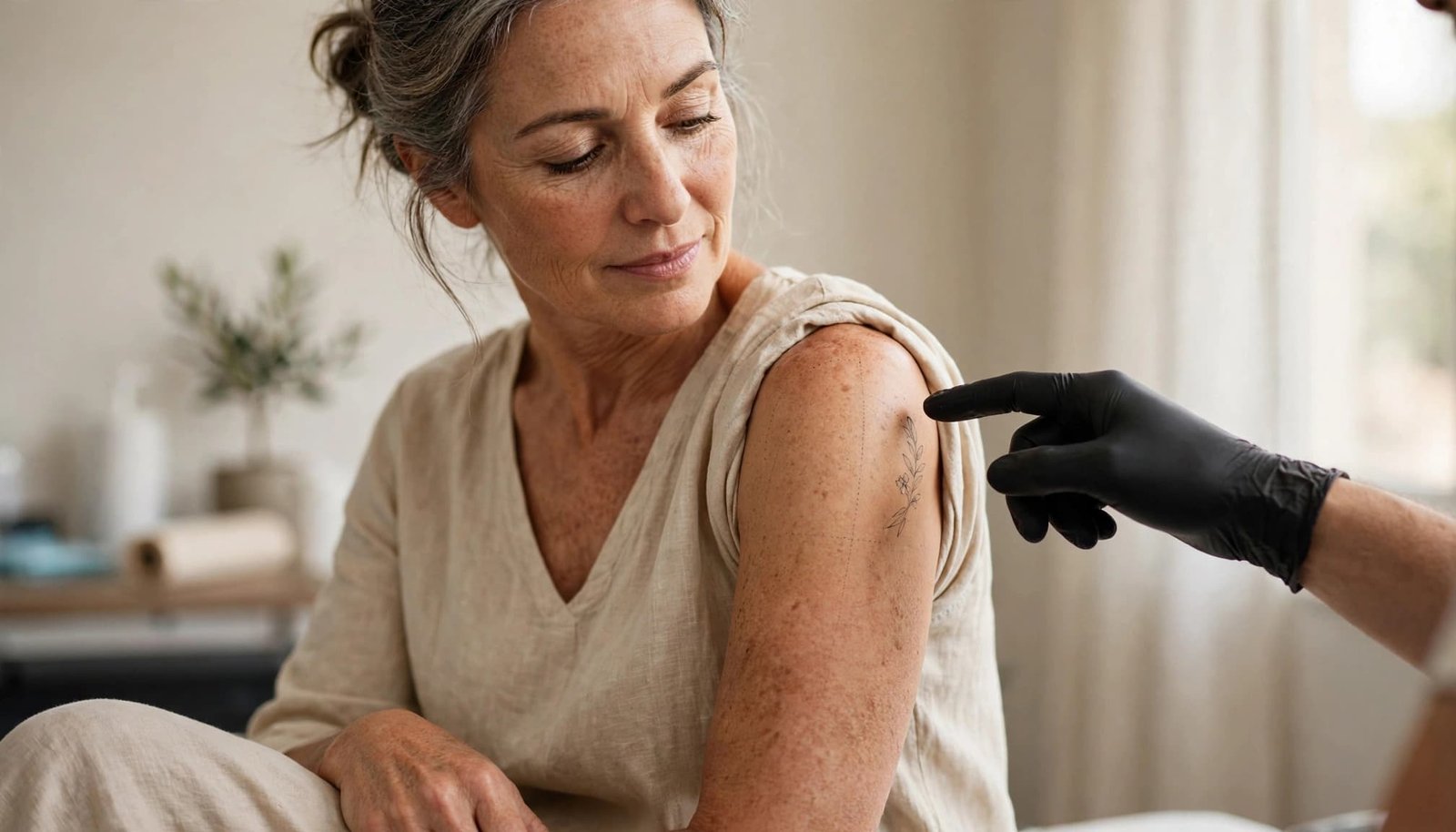 Mature woman reviewing tattoo placement on her upper arm in a bright studio.