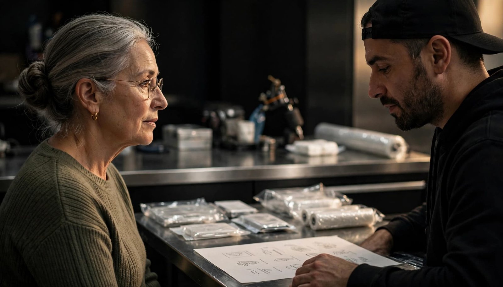 A mature woman reviews tattoo aftercare instructions with an artist in a clean studio.