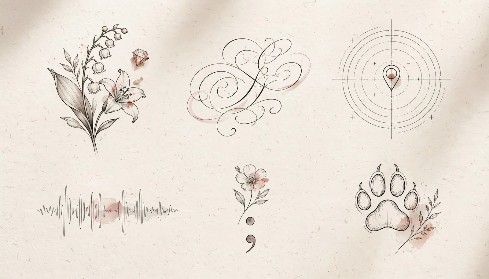 Fine-line tattoo motifs arranged on cream paper with muted rose accents and soft natural light.