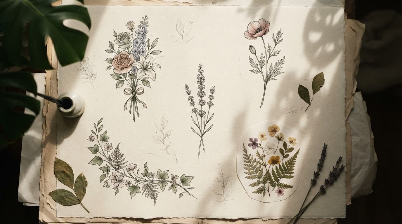 Five floral tattoo designs arranged on paper in a warm studio setting.