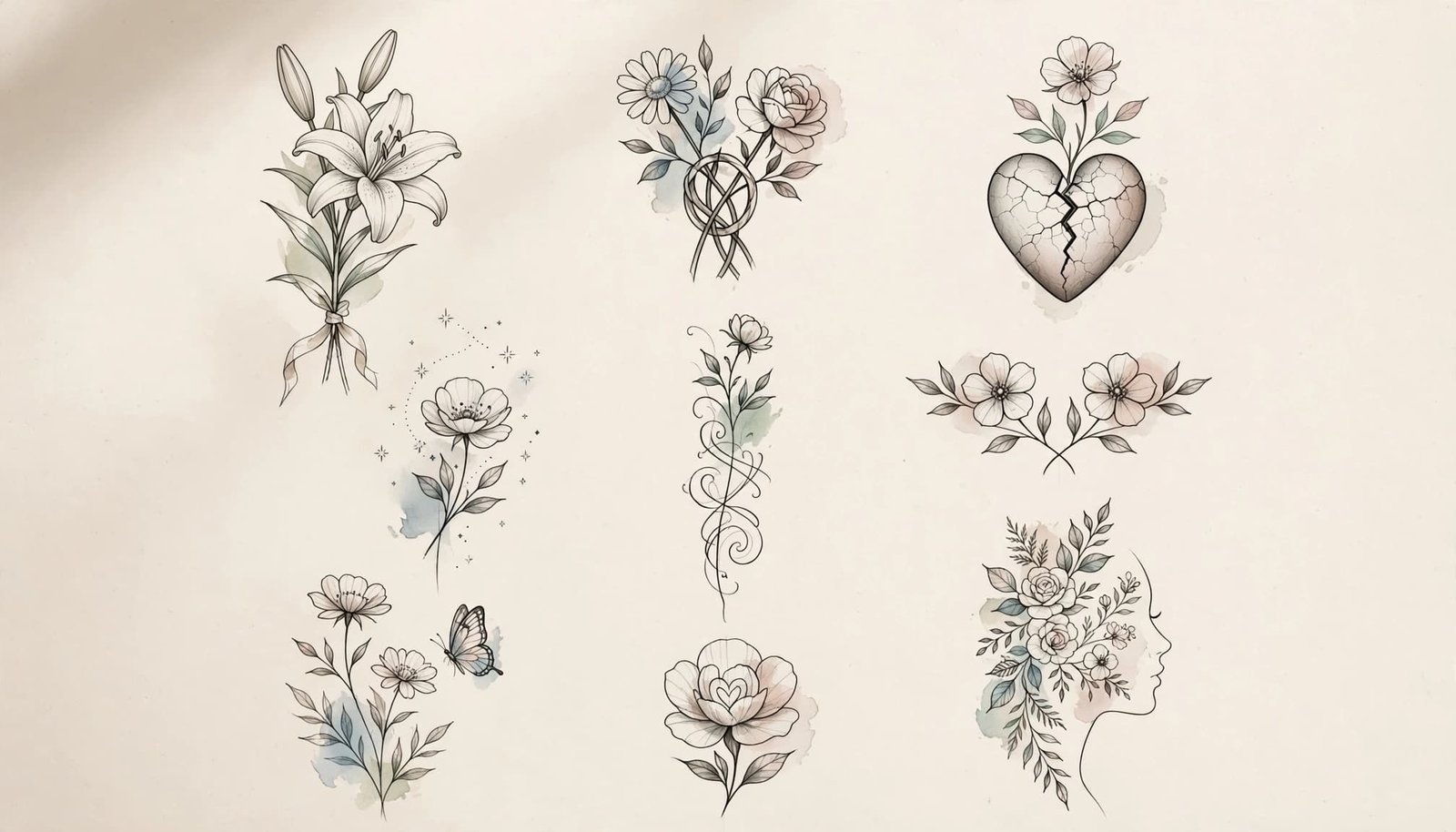 Floral tattoo concept sketches arranged on ivory paper with delicate black-and-gray lines and muted color accents.