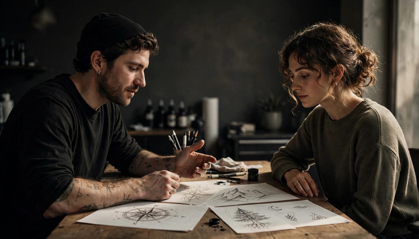A tattoo artist and client review meaningful tattoo sketches at a studio table.