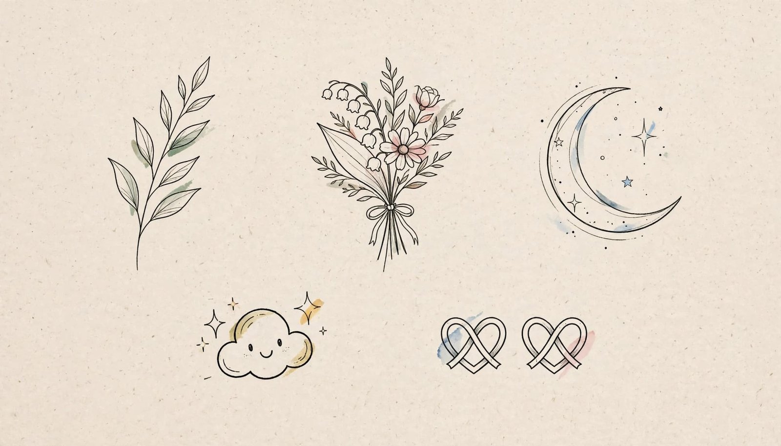 Five small tattoo designs arranged on a neutral reference sheet.