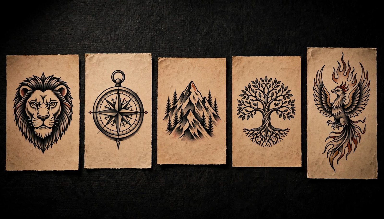 Five symbolic black-ink tattoo designs arranged on warm paper.
