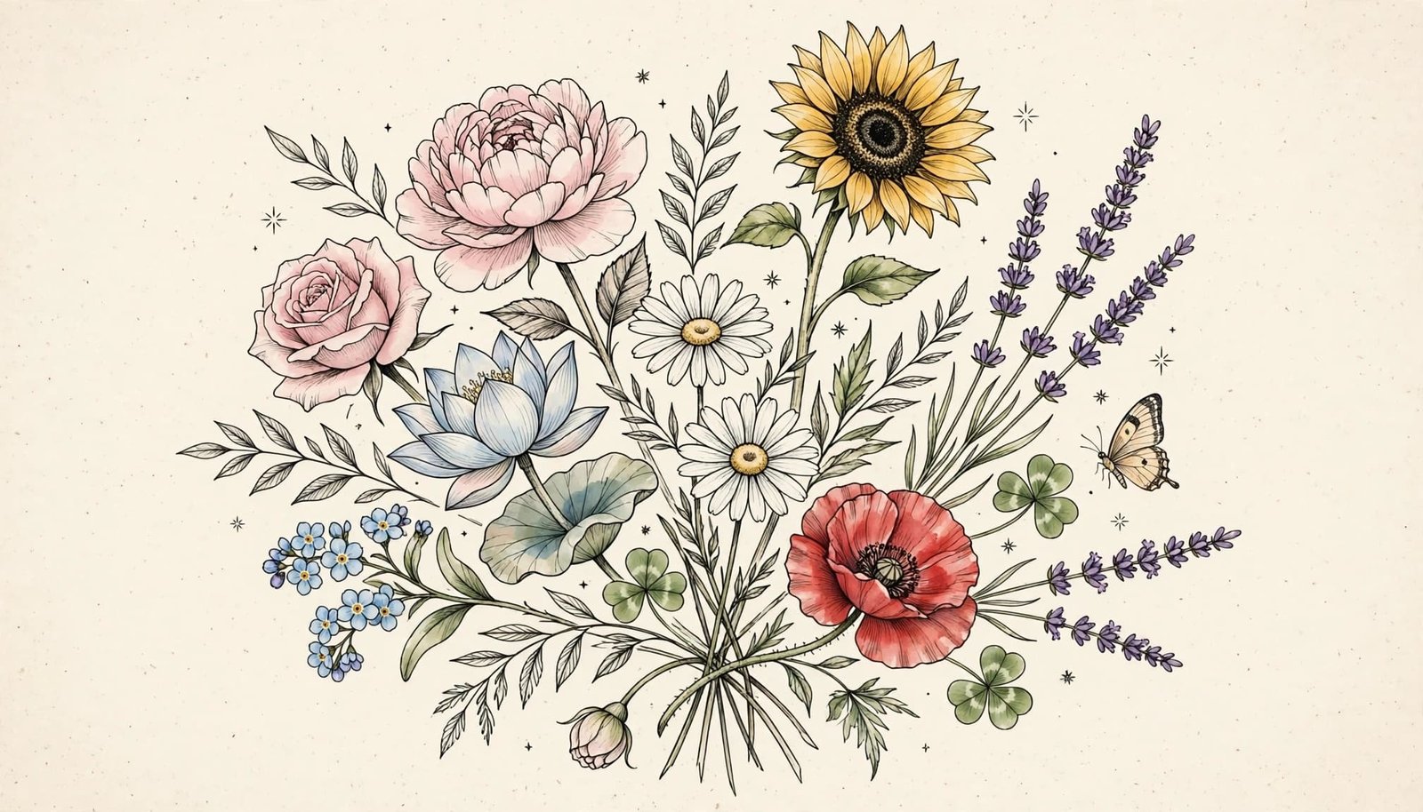 A feminine wildflower bouquet with varied blooms, graceful stems, stars, and a small butterfly.