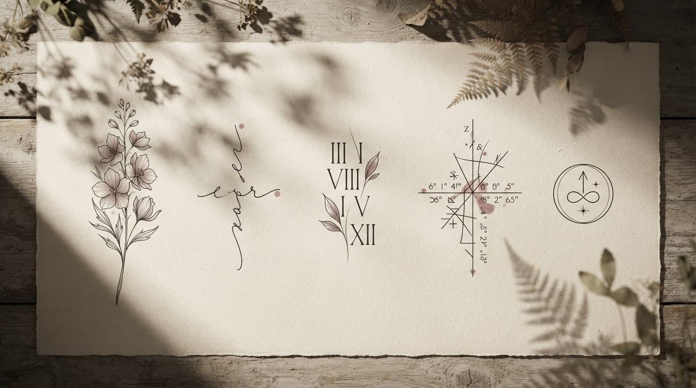 Five delicate tattoo designs arranged on a warm surface with soft botanical shadows.
