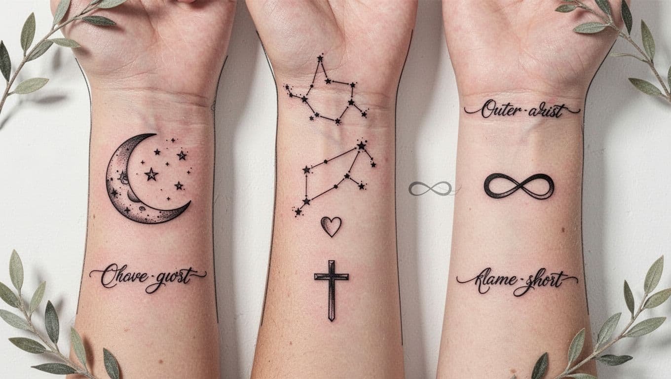 Fine-line wrist tattoo sketches featuring stars, a heart, infinity symbol, cross, and moon on white paper.