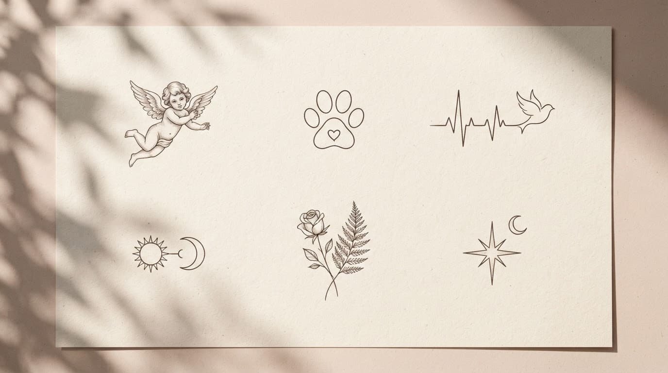 Six delicate memorial and relationship tattoo designs arranged on textured paper.