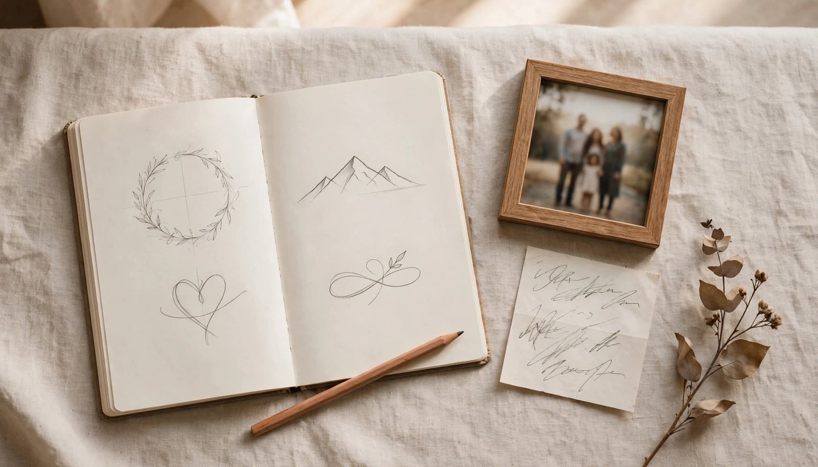 Open sketchbook of memorial tattoo ideas beside a family photo and dried flower.