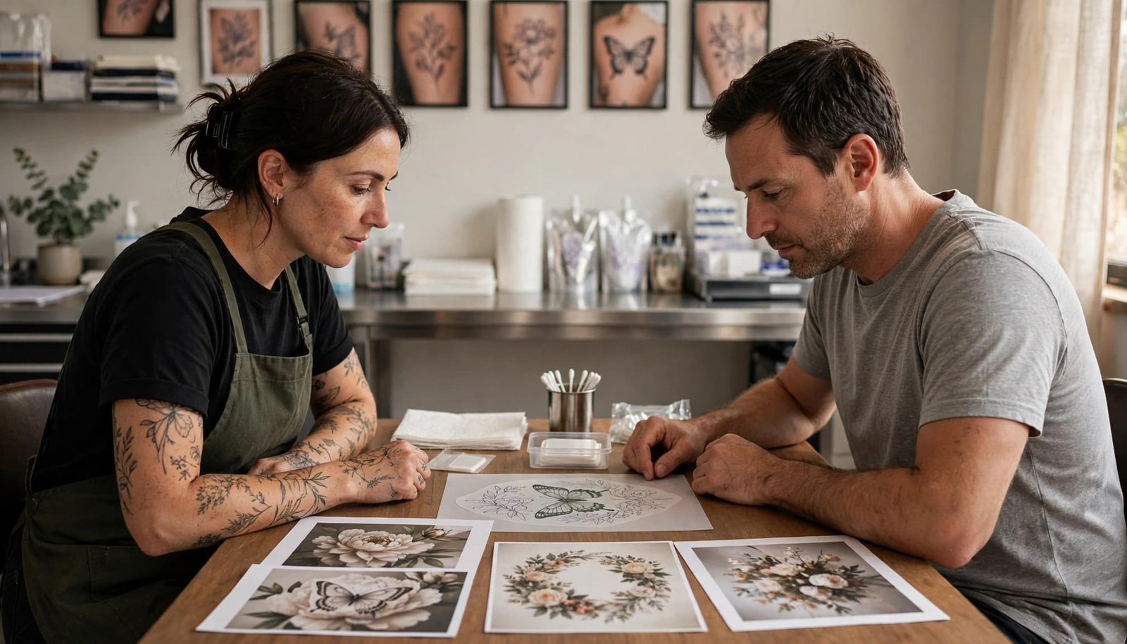 A tattoo artist and client review a memorial design and stencil at a studio table.