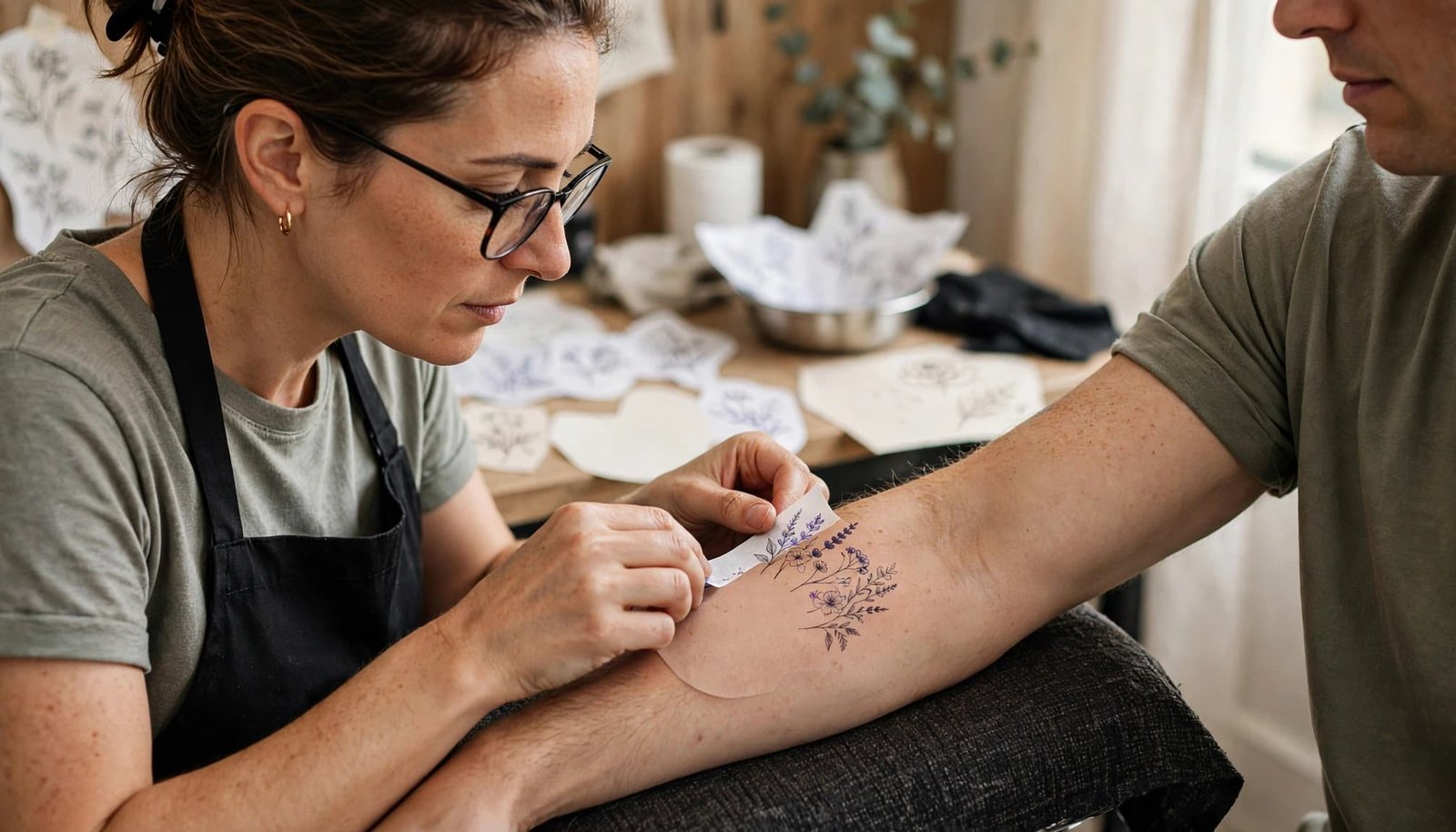 Artist positioning a floral memorial tattoo stencil on a client's upper forearm.