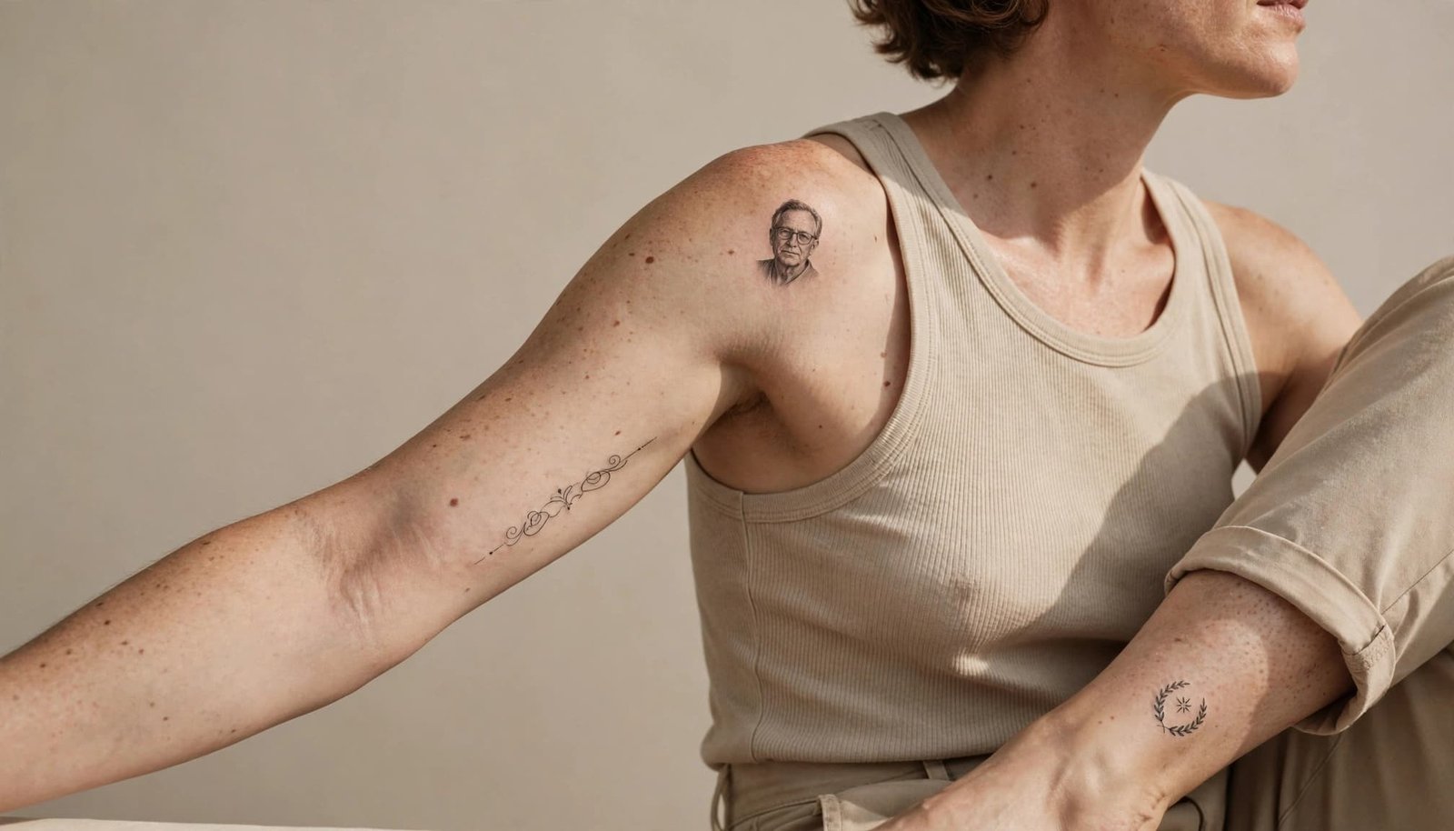 Adult torso showing small memorial tattoos on the forearm, shoulder, and ankle.