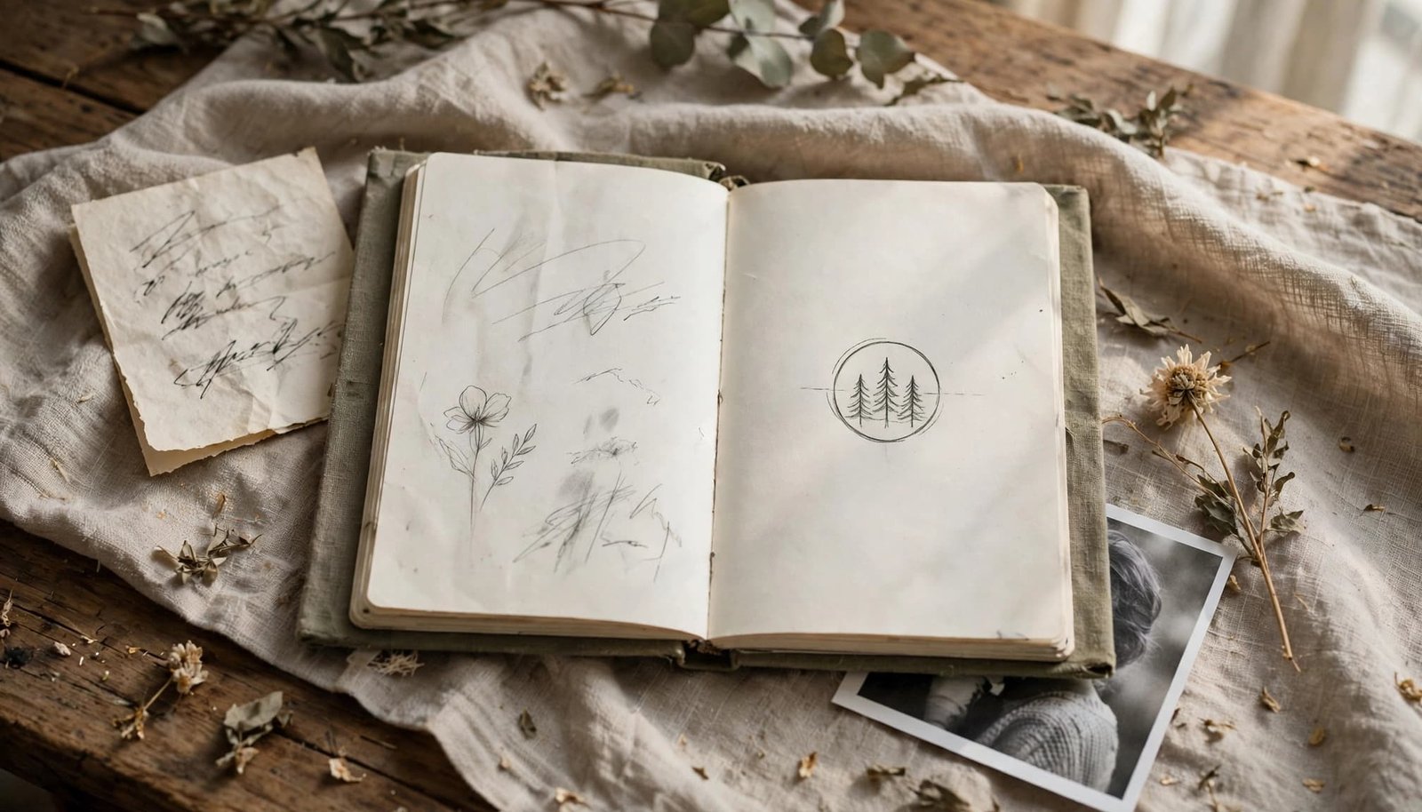 An open sketchbook with a family symbol, flower, note, and reference photo on a warm wooden table.