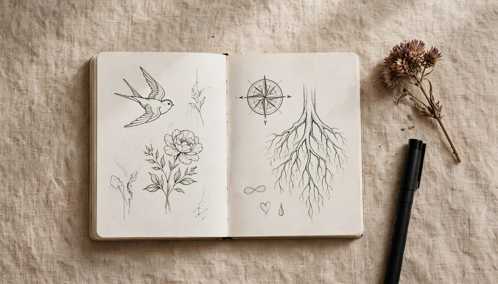 Open sketchbook of memorial tattoo symbols beside a dried flower and black pen.