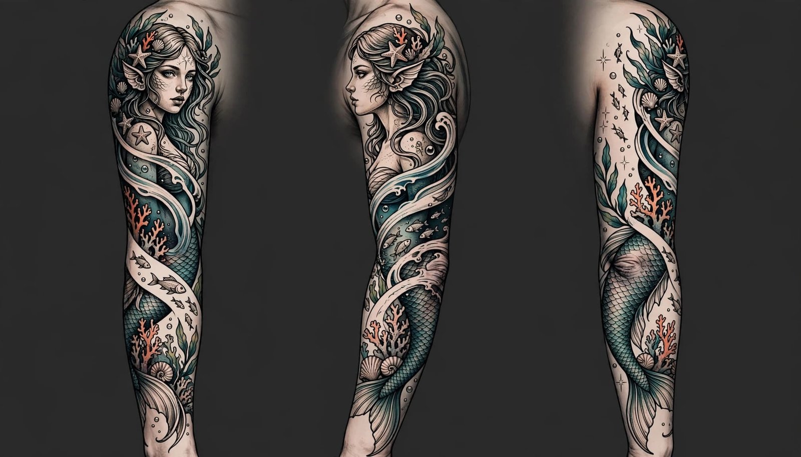 A mermaid tattoo design flows from the shoulder to the wrist with waves and sea life.