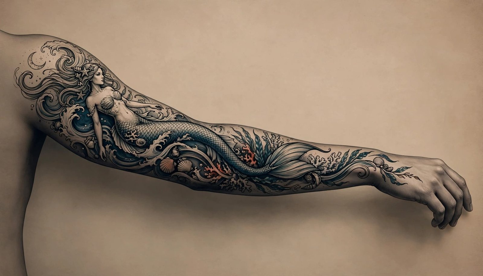 Mermaid tattoo sleeve flowing from shoulder to wrist with waves, shells, and seaweed.