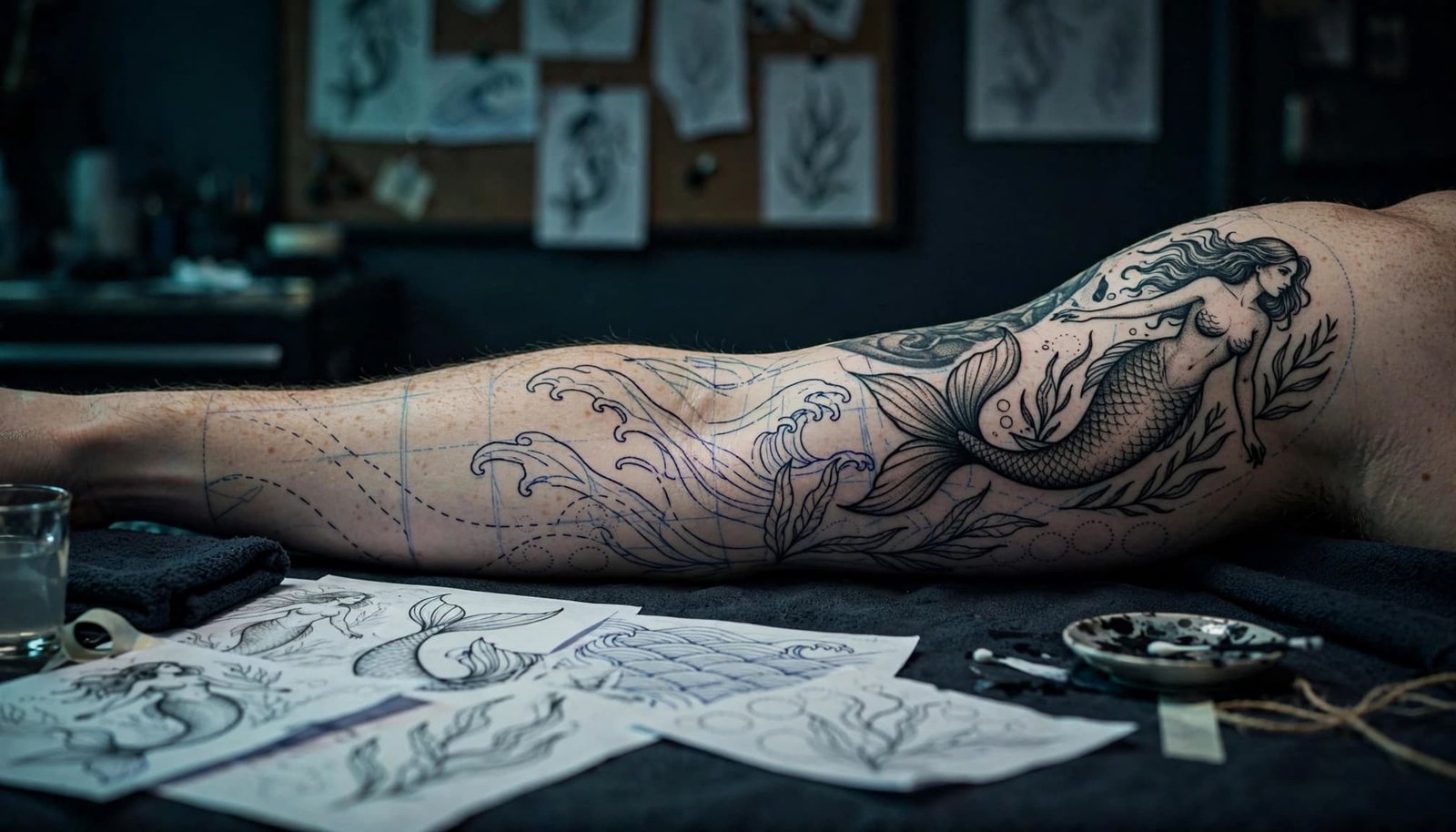 Tattooed arm showing a mermaid sleeve design with waves and seaweed.
