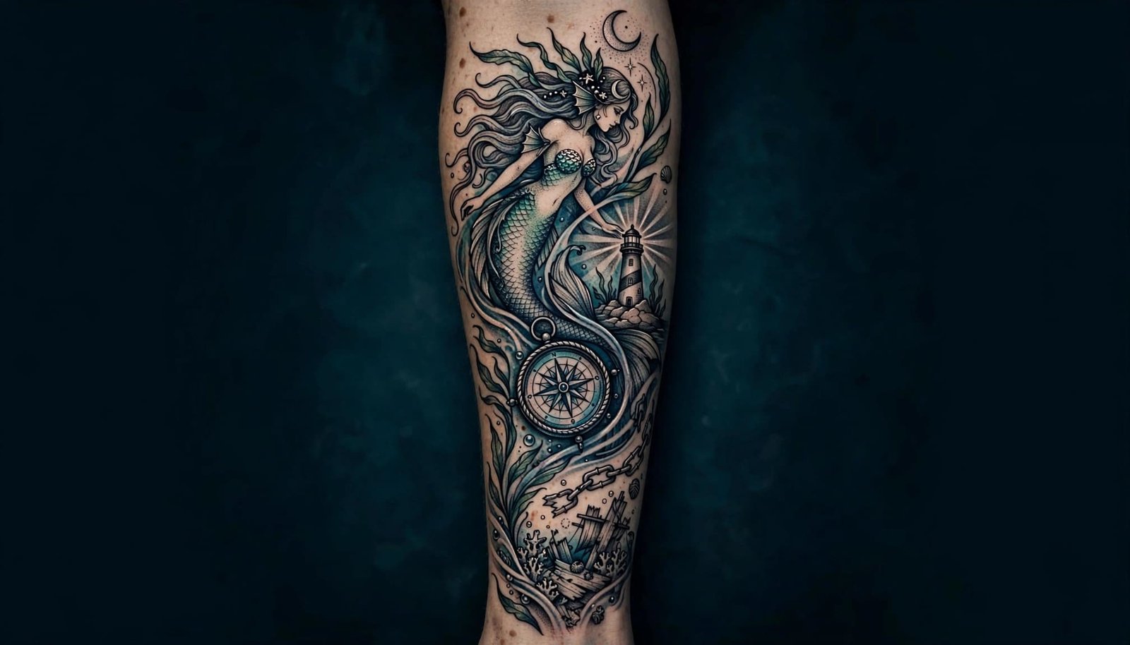 A mermaid tattoo sleeve with a moon, lighthouse, compass, and broken chain on one arm.