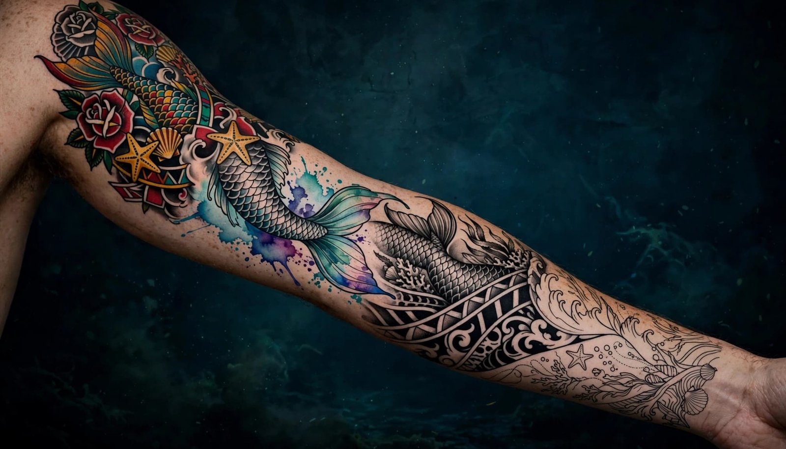 Tattooed arm showing a colorful mermaid sleeve with blackwork and fine-line ocean details.